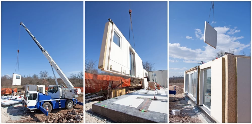 Proces izgradnje montazne kuce podeljen u tri etape: kamionom donose zidove, postavka i zavrsetak sive faze kuce.